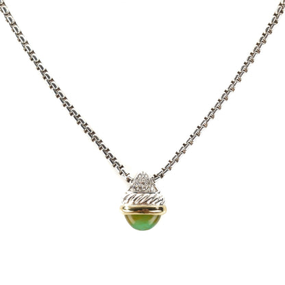 David Yurman Sterling Silver 18K Yellow Gold Pave Diamond Emerald Acorn Pendant Necklace 1 of 5