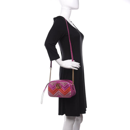 Gucci Laminated Nappa Matelasse Small GG Marmont Chain Shoulder Bag Fuxia Rosso Rosa 2 of 9