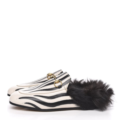 Gucci Malaga Kid Fur Zebra Inlay Womens Princetown Slippers 35 Mystic White Black 3 of 8