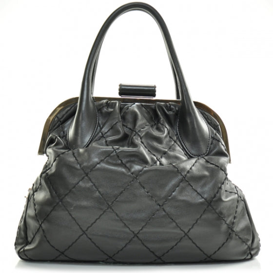 Lambskin Expandable Stitched Frame Top Bag Black