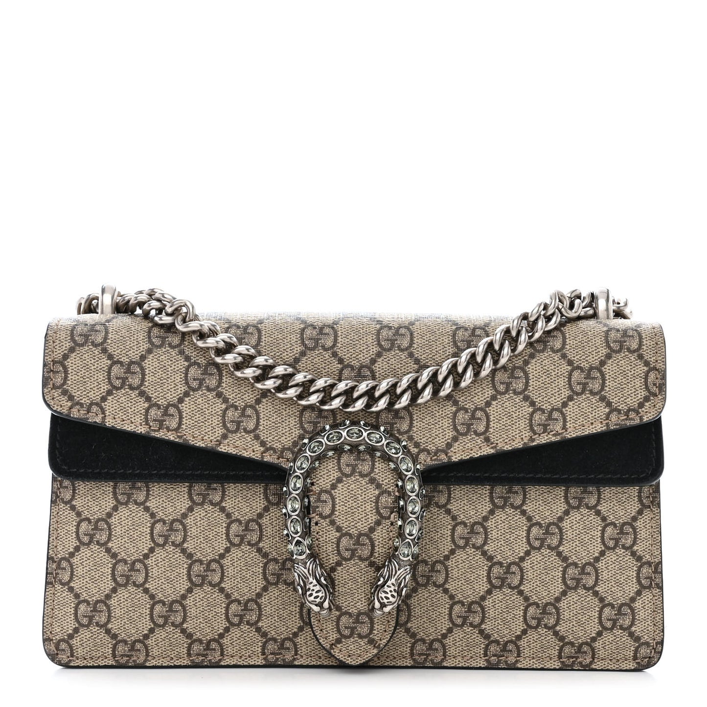 GG Supreme Monogram Suede Crystal Small Dionysus Shoulder Bag Beige Ebony Black