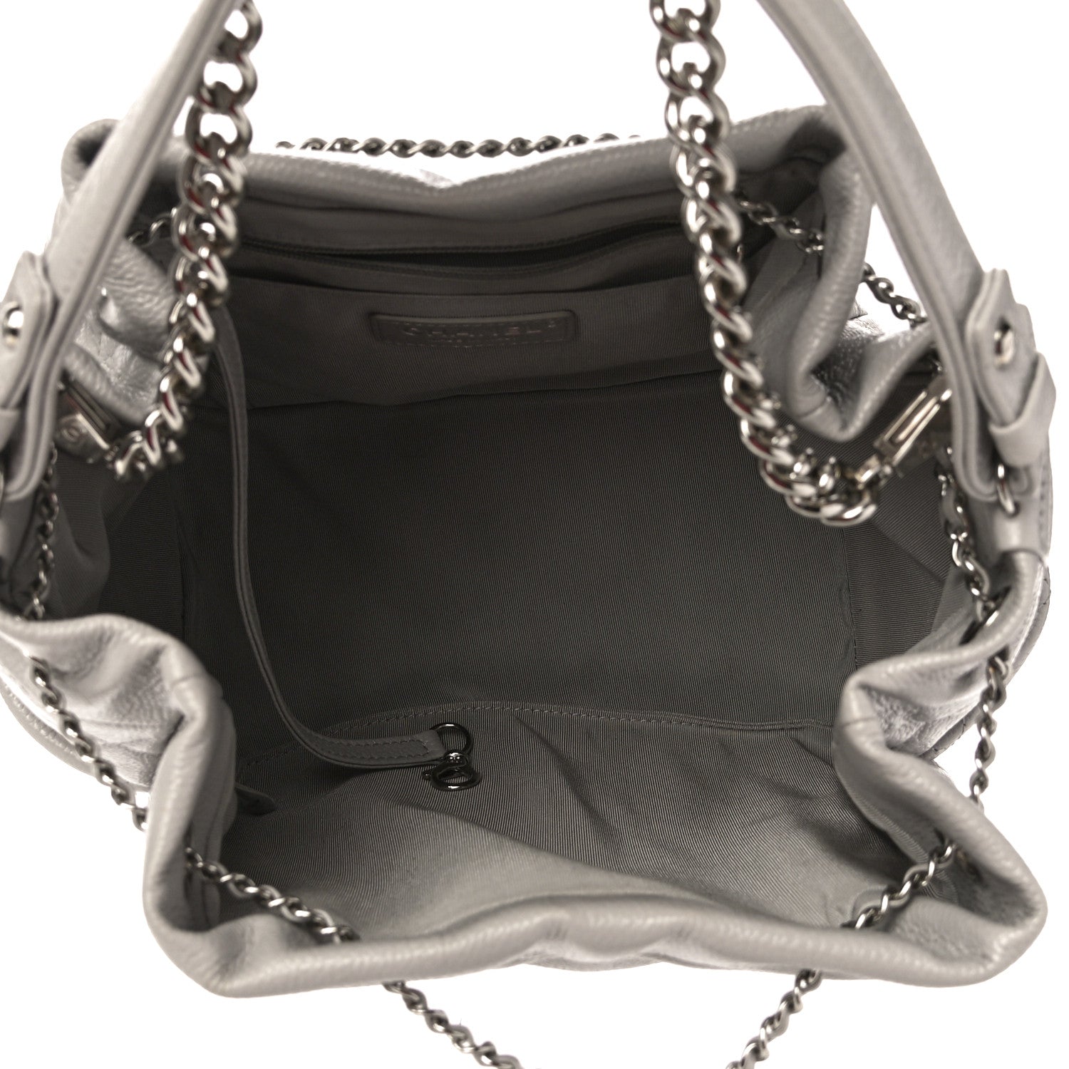 Chanel Caviar Flat Quilted CC Chain Bucket Drawstring Bag Light Grey 5 of 10
