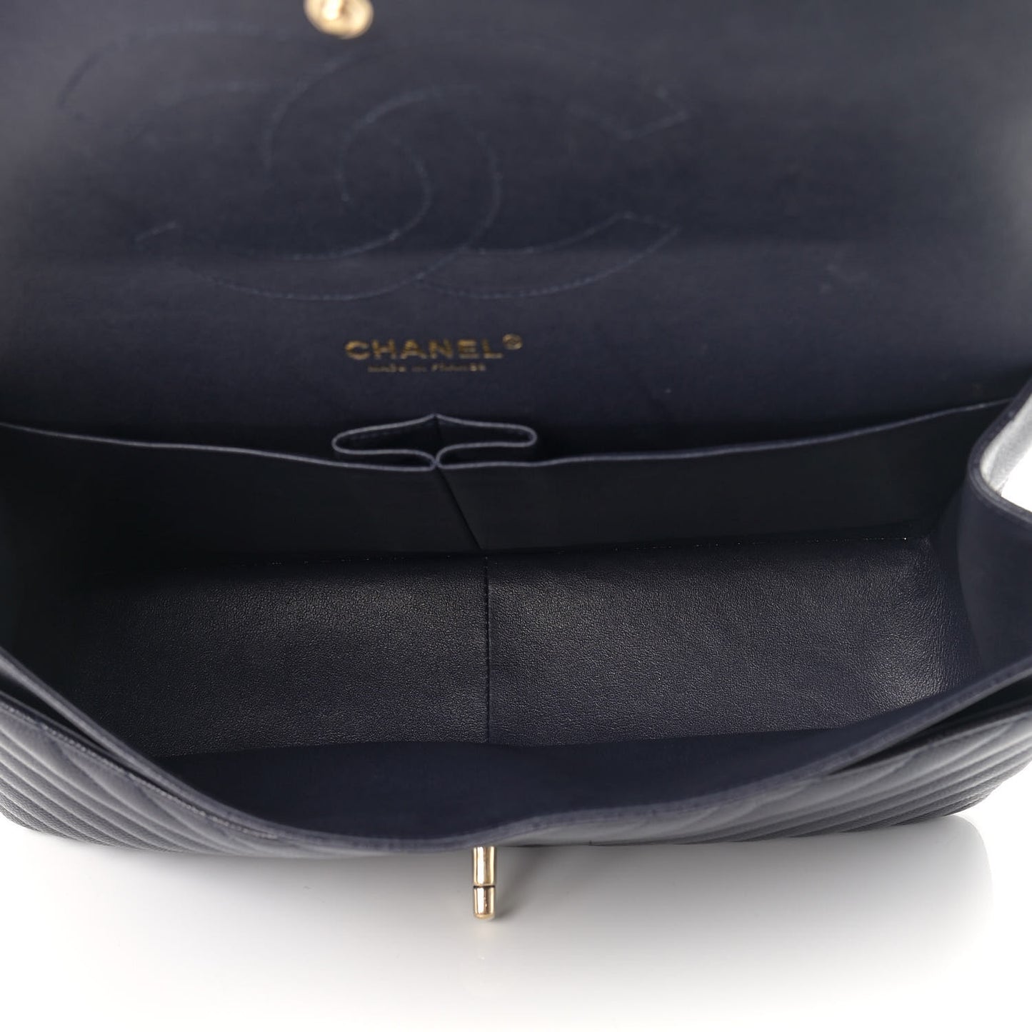 Caviar Chevron Quilted Jumbo Double Flap Navy