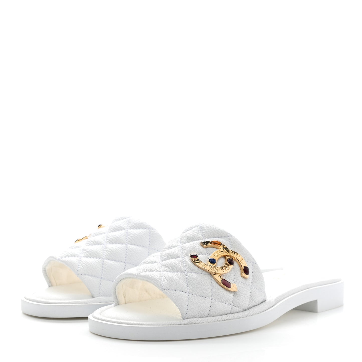 Shiny Goatskin Quilted CC Mules Sandals 37.5 White