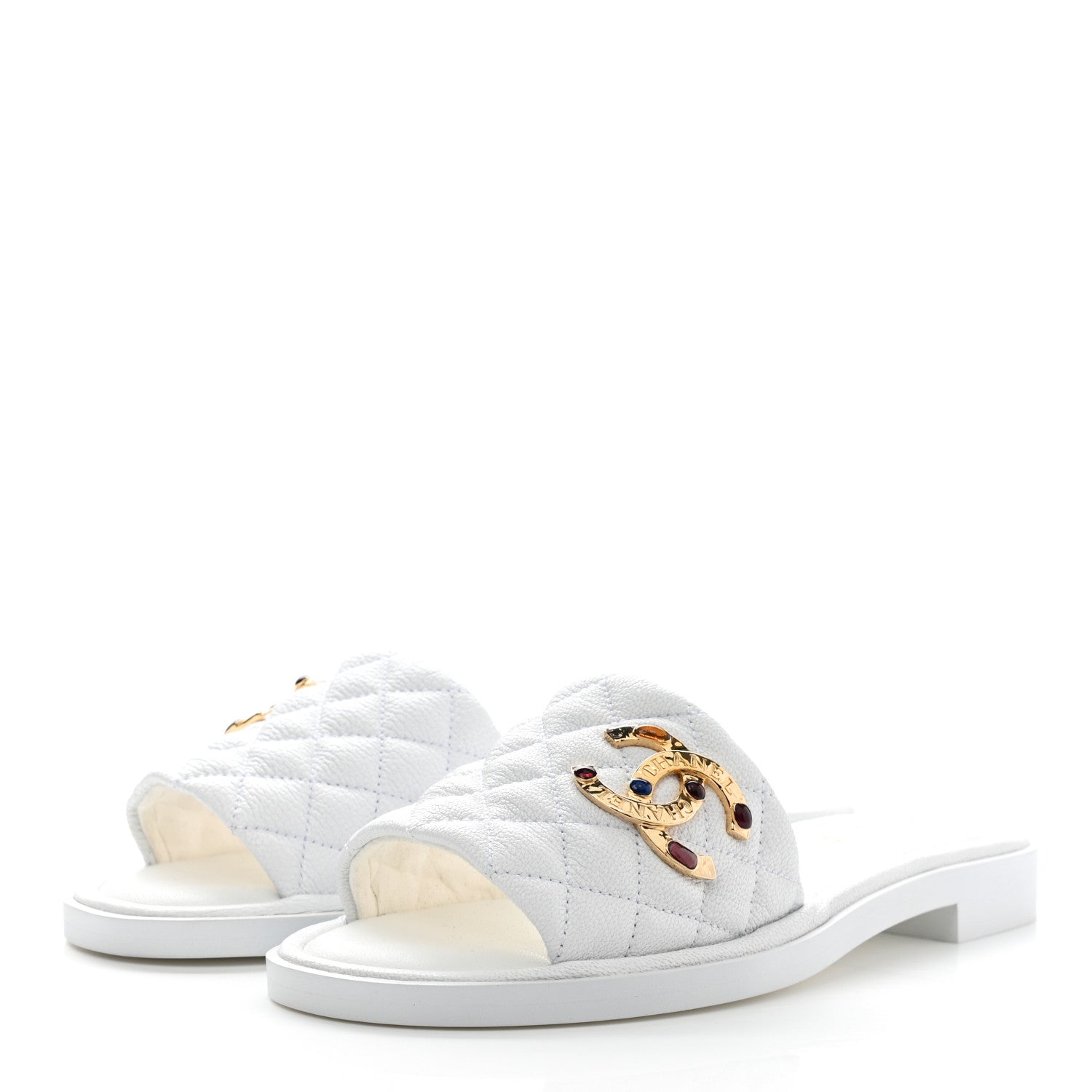 Chanel Shiny Goatskin Quilted CC Mules Sandals 37.5 White 3 of 9