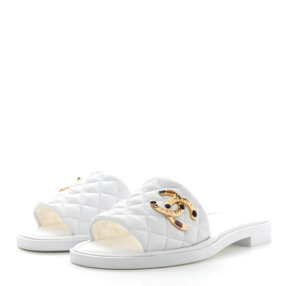 Chanel Shiny Goatskin Quilted CC Mules Sandals 37.5 White 3 of 9