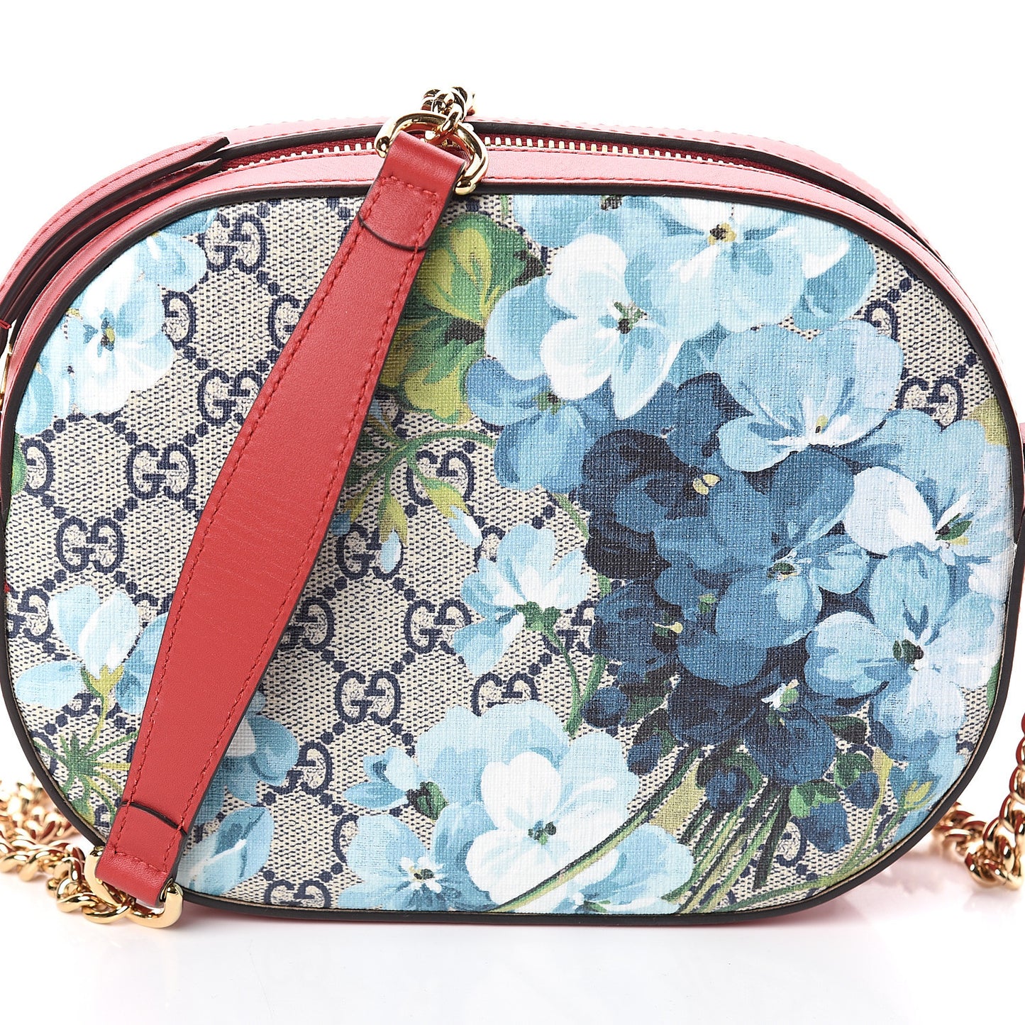 GG Supreme Monogram Blooms Mini Chain Shoulder Bag Beige Blue Navy Hibiscus Red