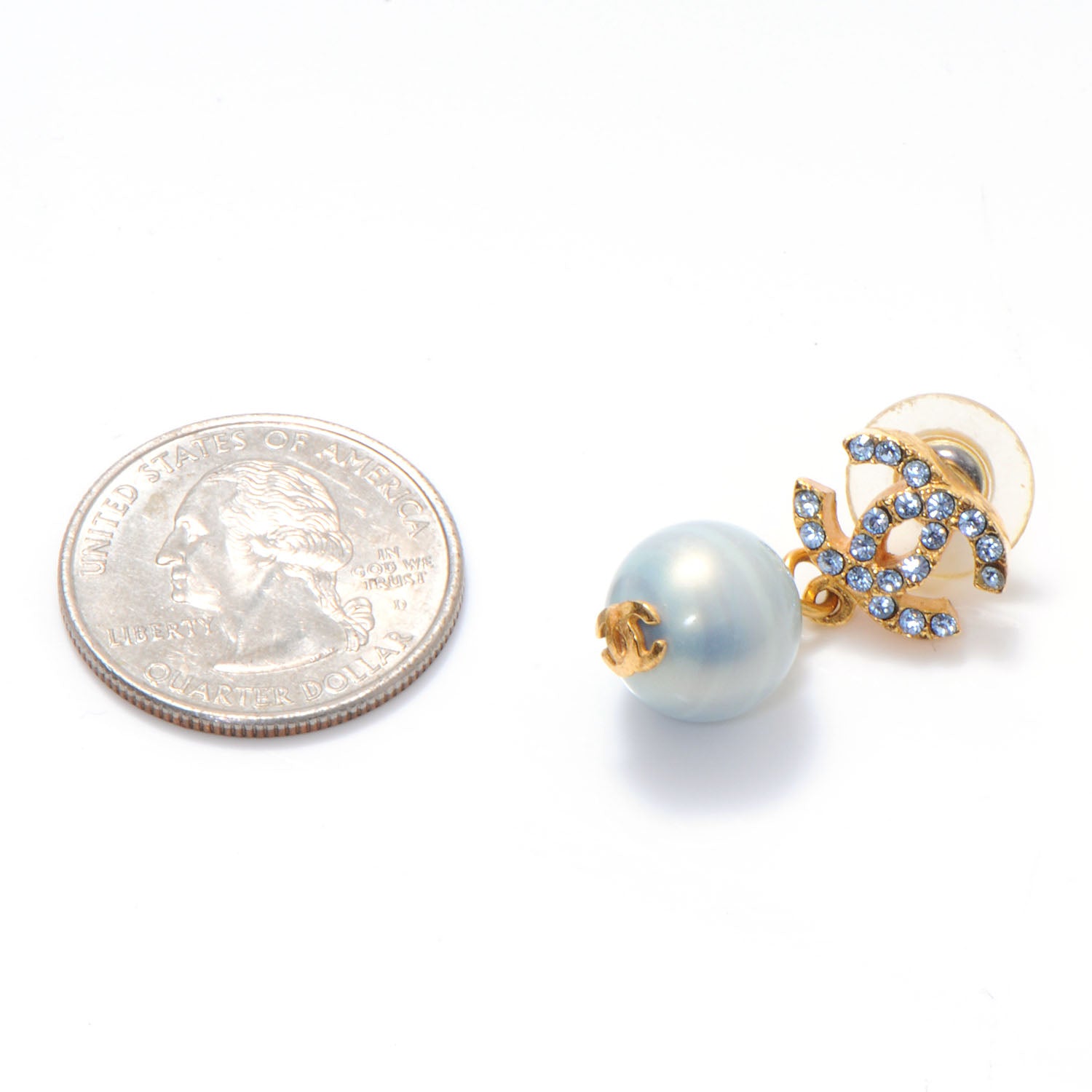 Chanel Swarovski Crystal CC Pearl Dangle Pierced Earrings Blue 2 of 3