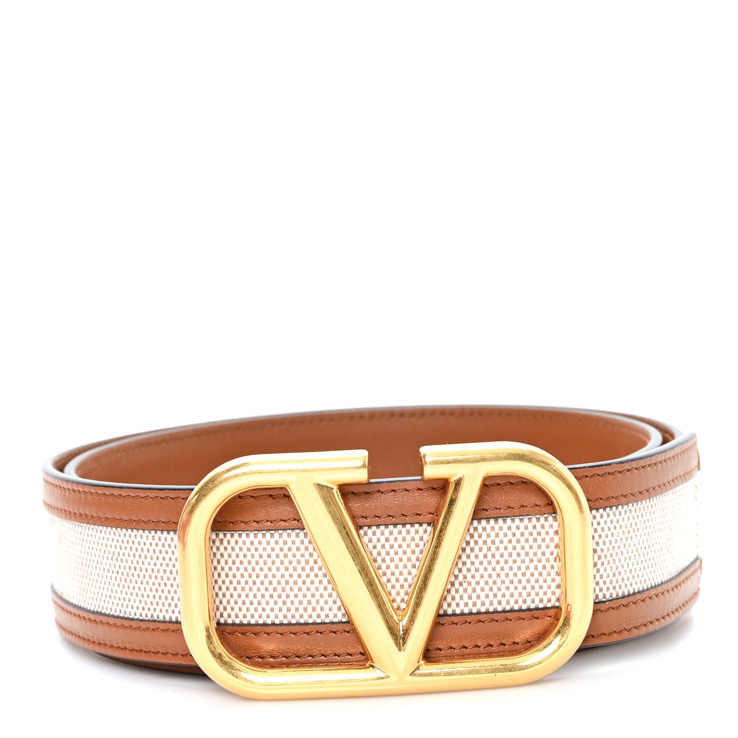 Valentino Garavani Canvas Glossy Calfskin VLogo 90 36 Belt Saddle Brown 1 of 5