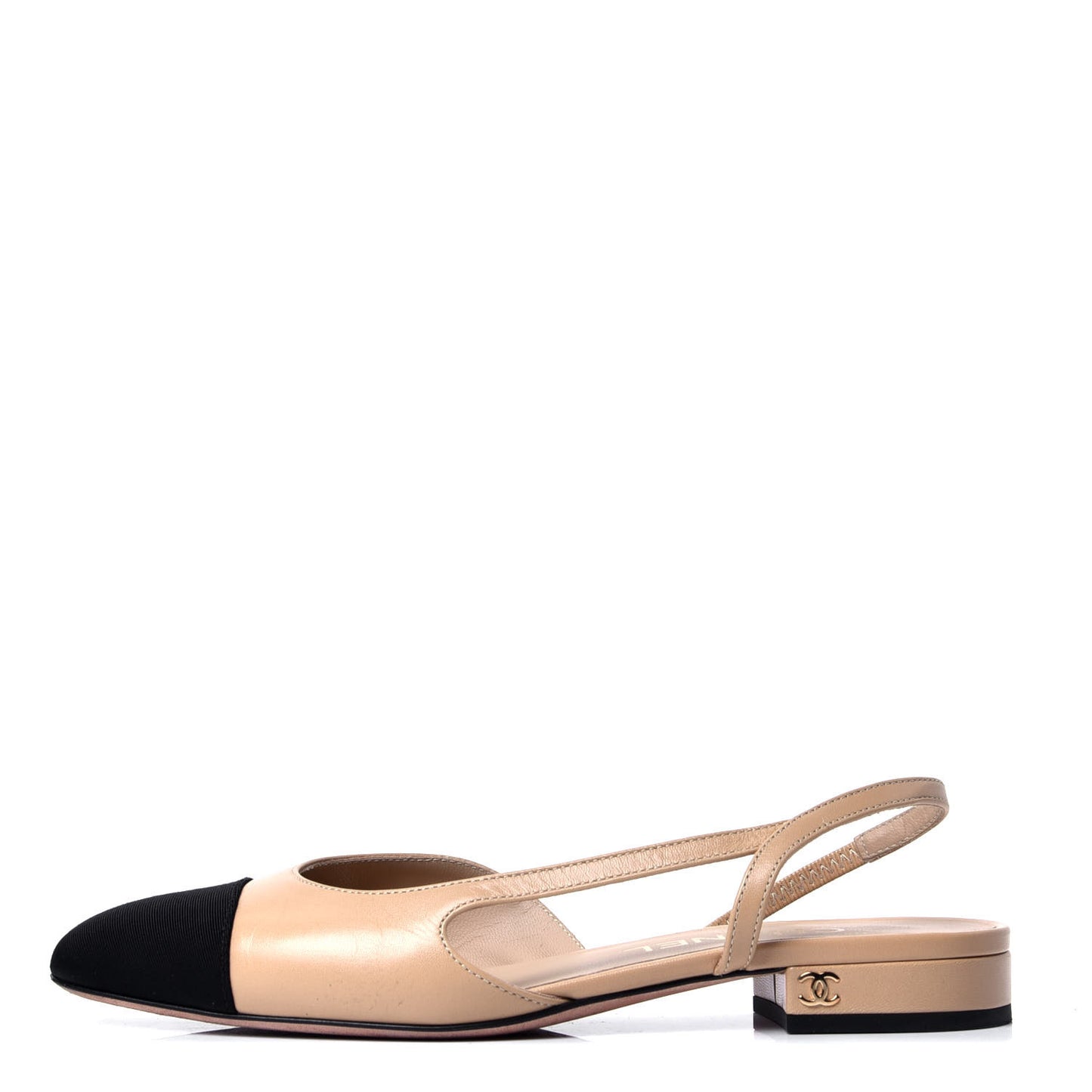Lambskin Grosgrain Cap Toe CC Slingback Sandals 35.5 Beige Black