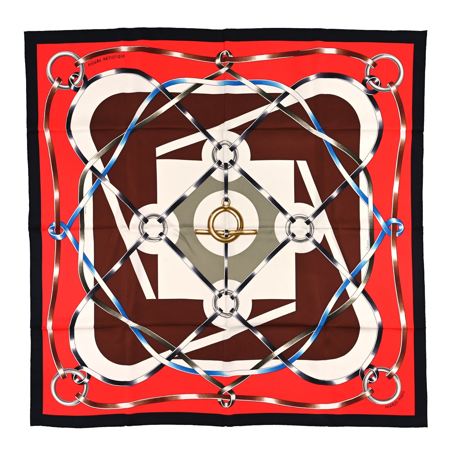 Hermes Silk Figure Artistique Scarf 90 Black Rouge Brun 1 of 3