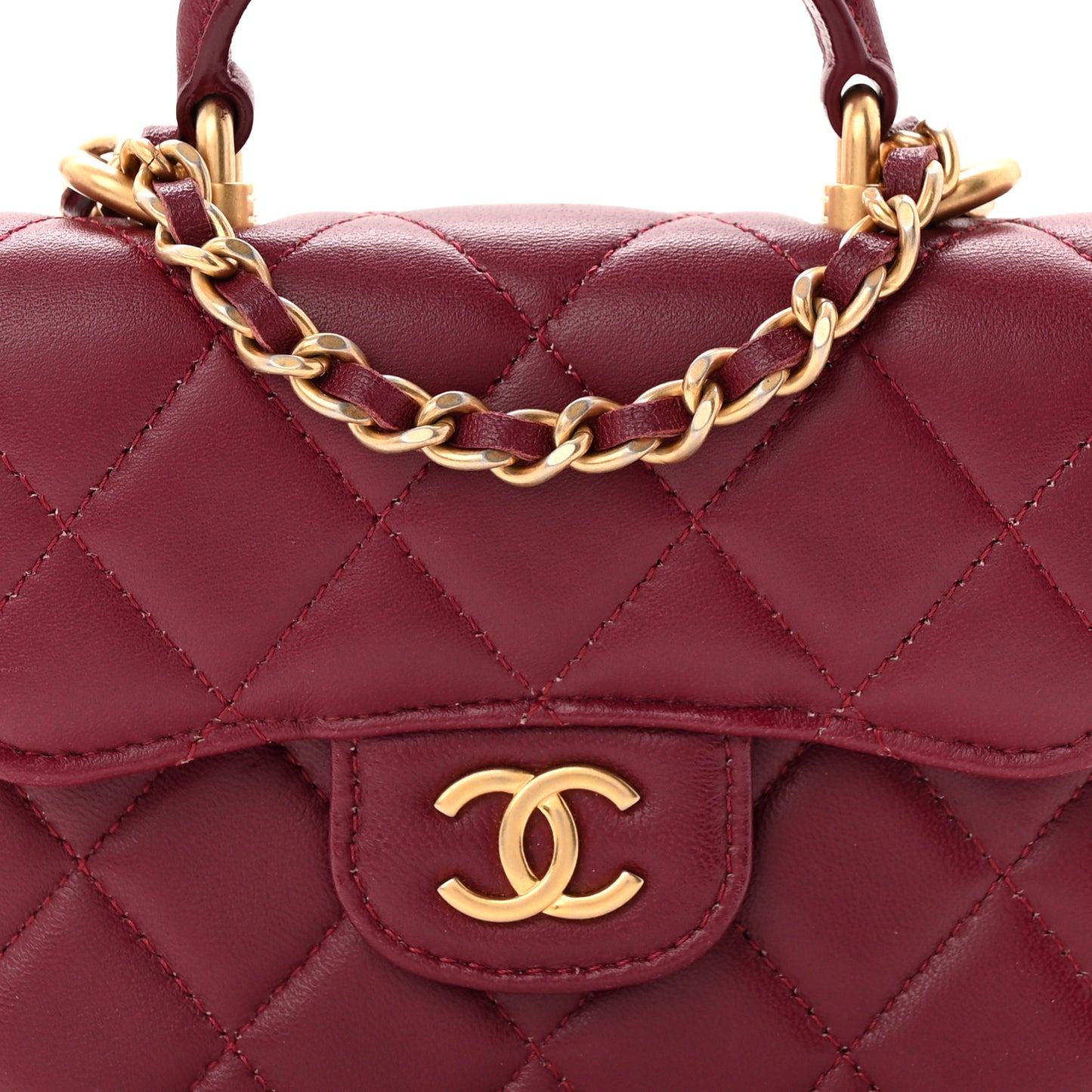 Lambskin Quilted Top Handle Flap Coin Purse With Chain Burgundy