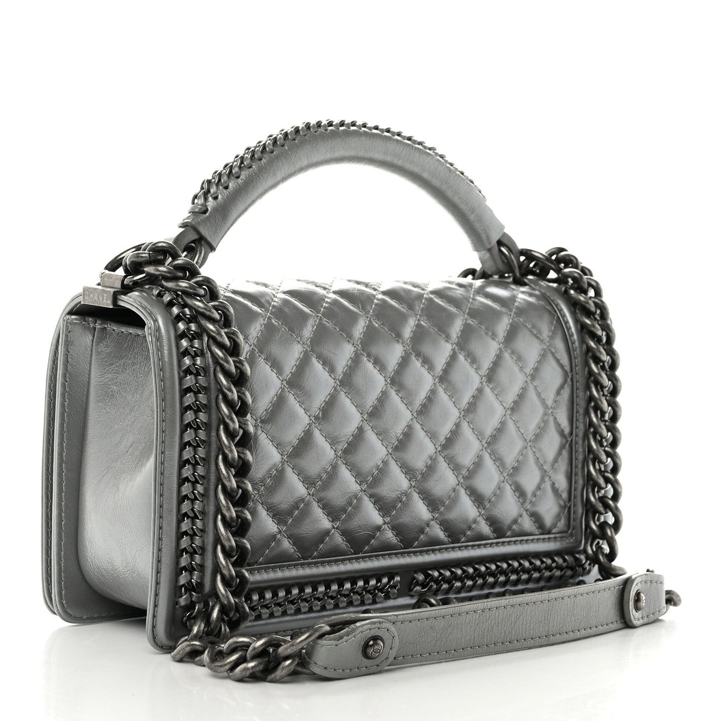 Metallic Aged Calfskin Quilted Medium Top Handle Boy Flap Silver