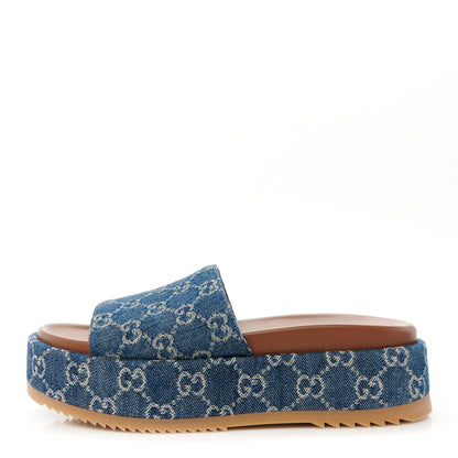Gucci New Denim GG Monogram Angelina Platform 55mm Slide Sandals 38.5 Blue Tea 1 of 9