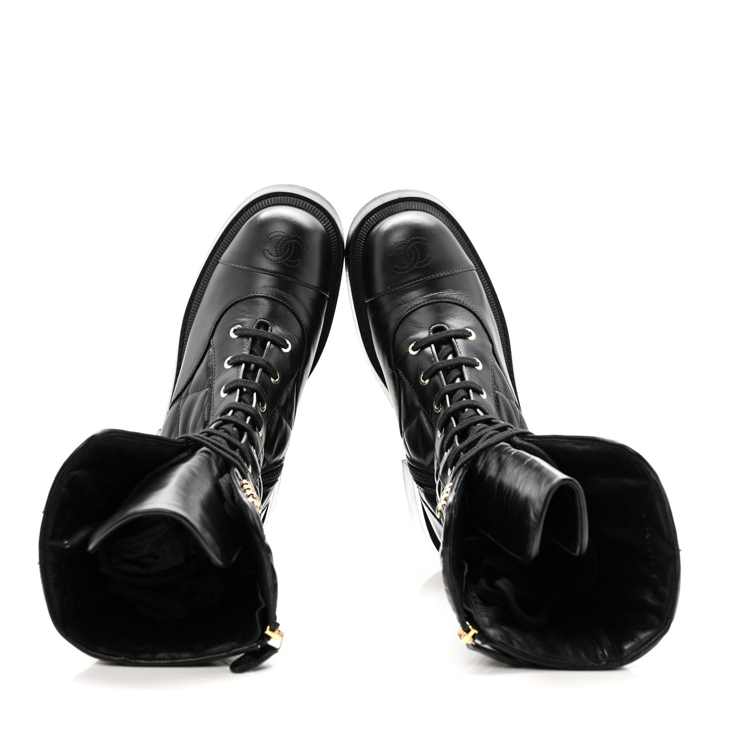 Calfskin Quilted Logo Lace Up Tall Combat Boots 37.5 Black