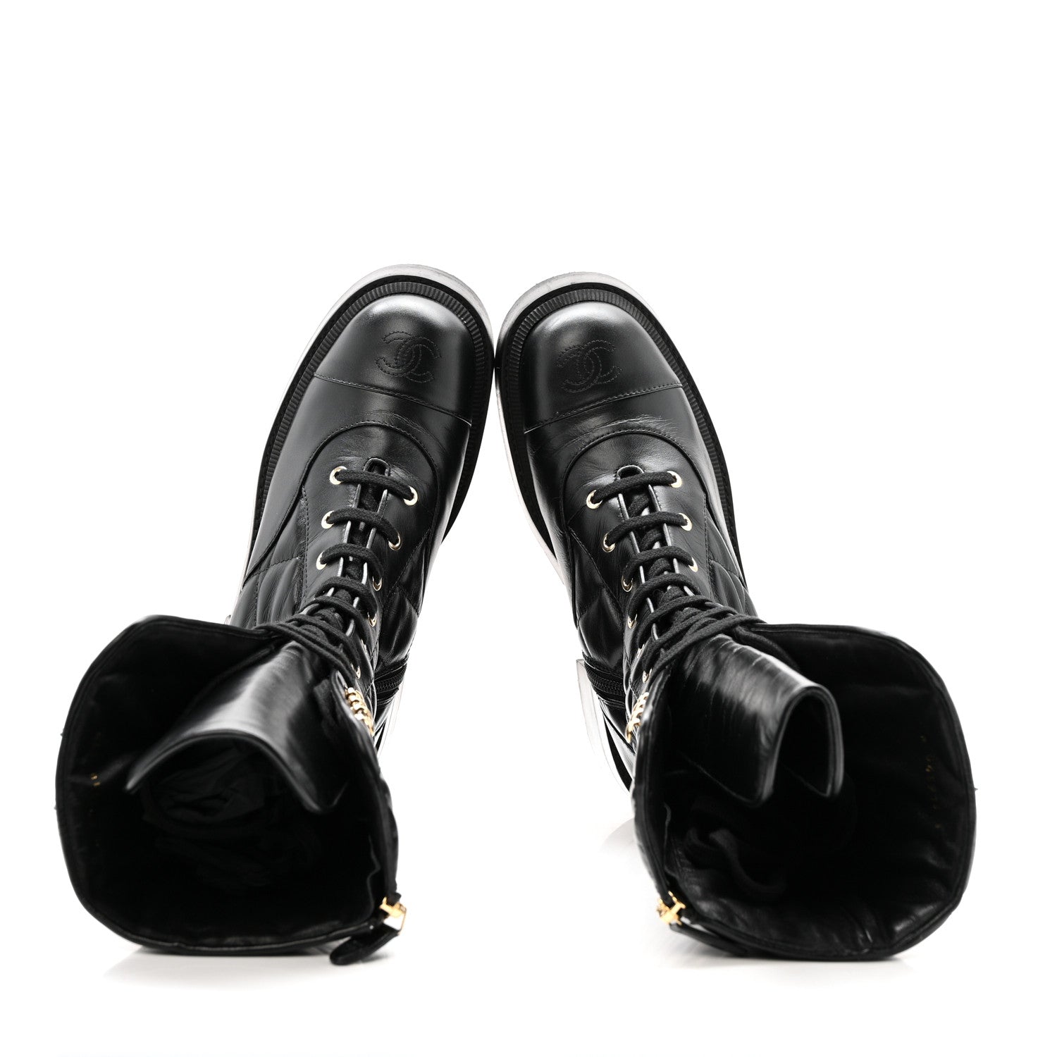 Chanel Calfskin Quilted Logo Lace Up Tall Combat Boots 37.5 Black 2 of 14
