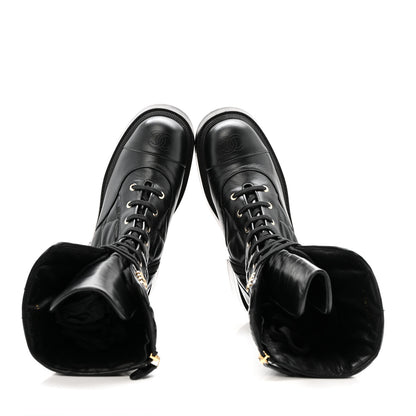 Chanel Calfskin Quilted Logo Lace Up Tall Combat Boots 37.5 Black 2 of 14