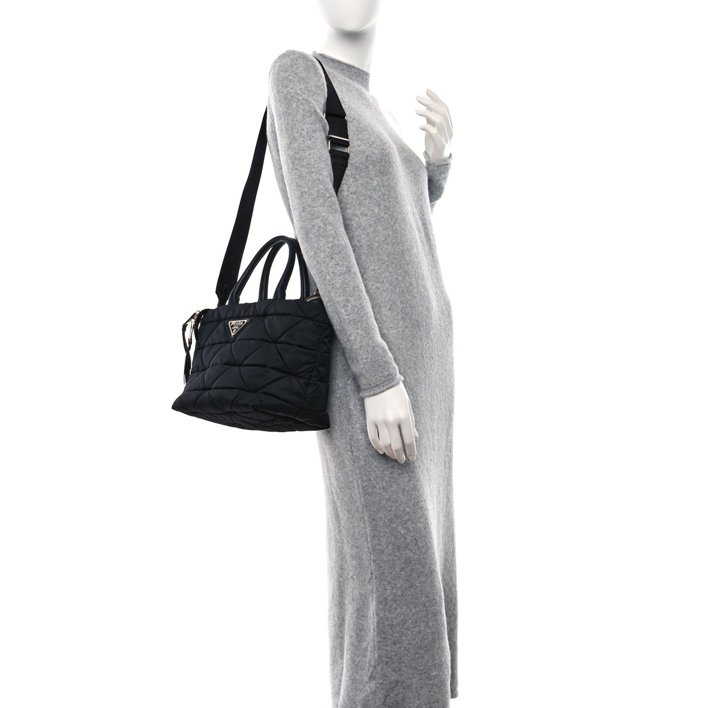 Re-Nylon Nappa Triangle Quilted Padded Small Double Handled Zip Tote Black