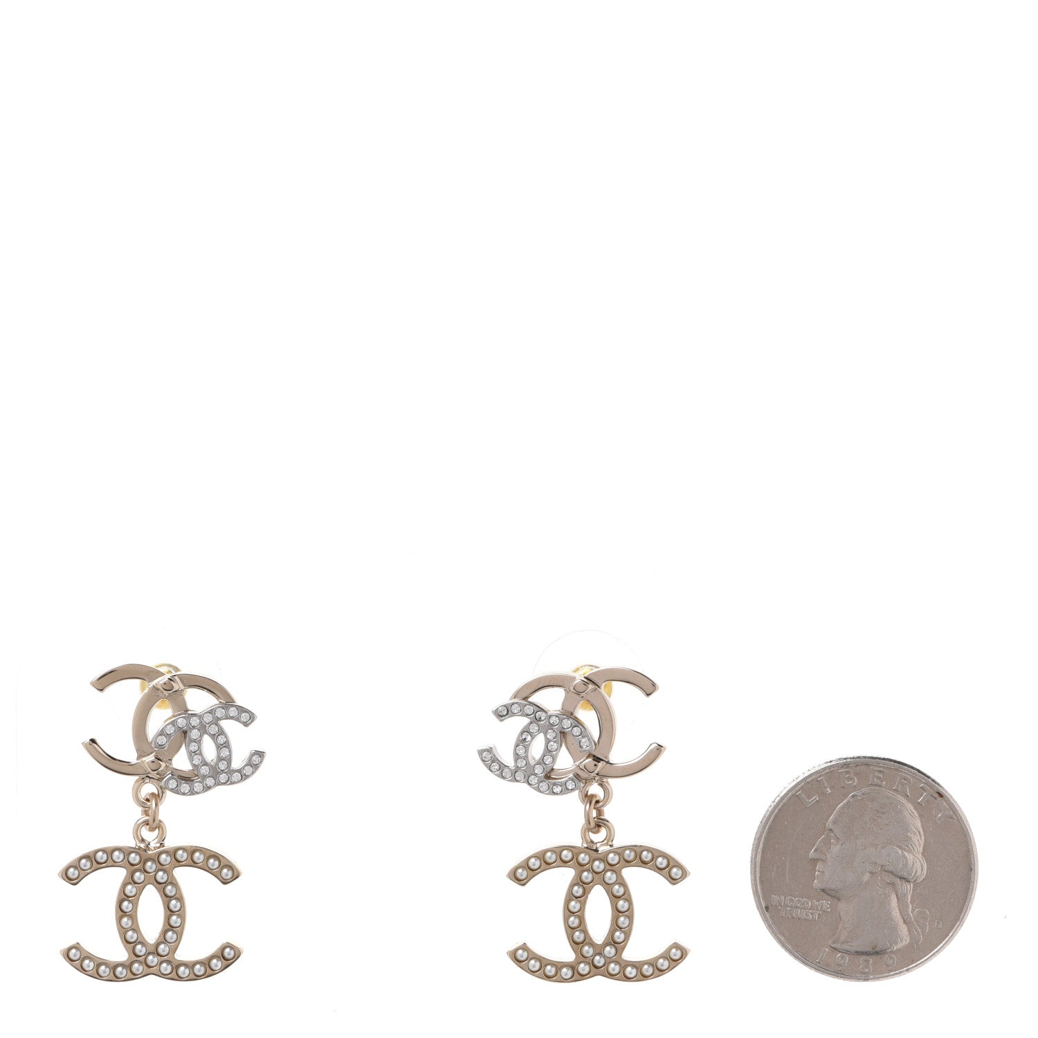Chanel Crystal Pearl Double CC Drop Earrings Gold Silver 2 of 5