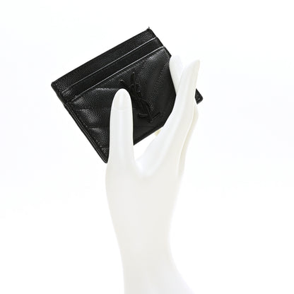 Saint Laurent Grain De Poudre Matelasse Chevron Monochrome Monogram Credit Card Case Black 2 of 7