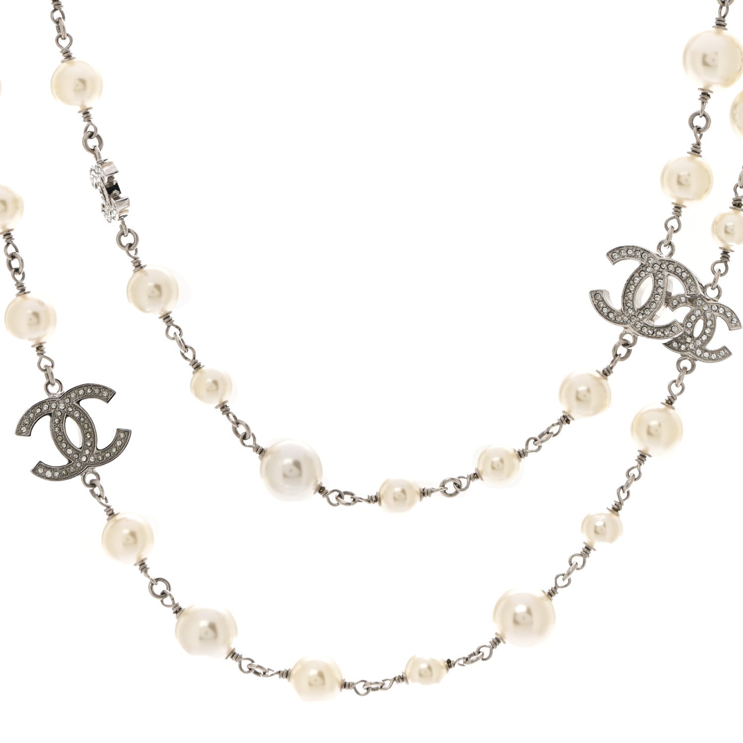 Crystal Pearl CC Long Necklace Silver