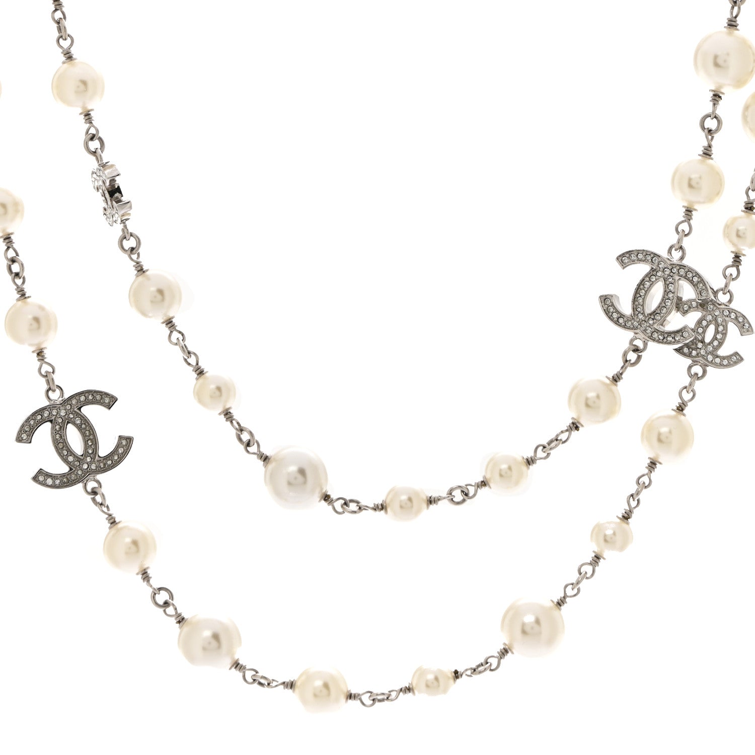 Chanel Crystal Pearl CC Long Necklace Silver 1 of 7