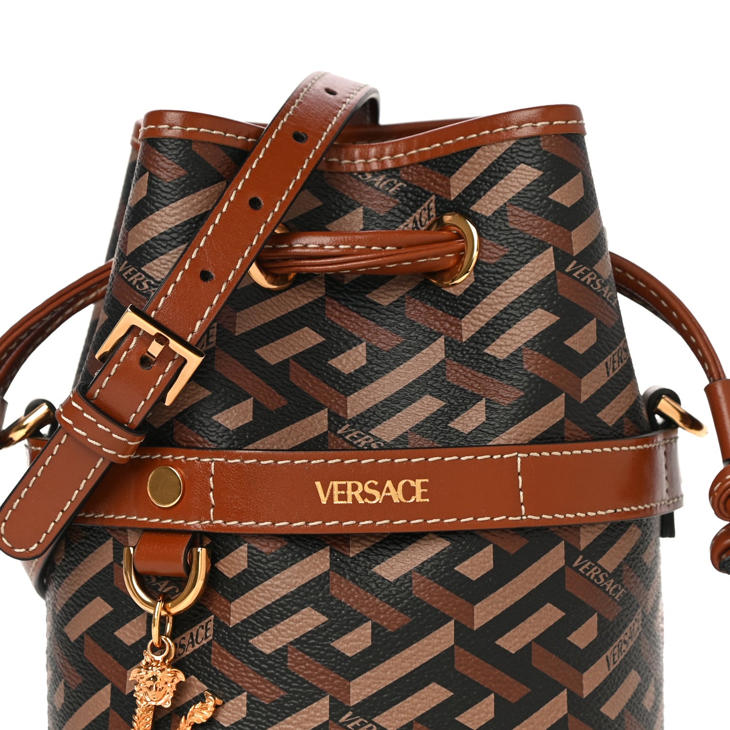 Coated Canvas La Greca Mini Bucket Bag Black Caramel