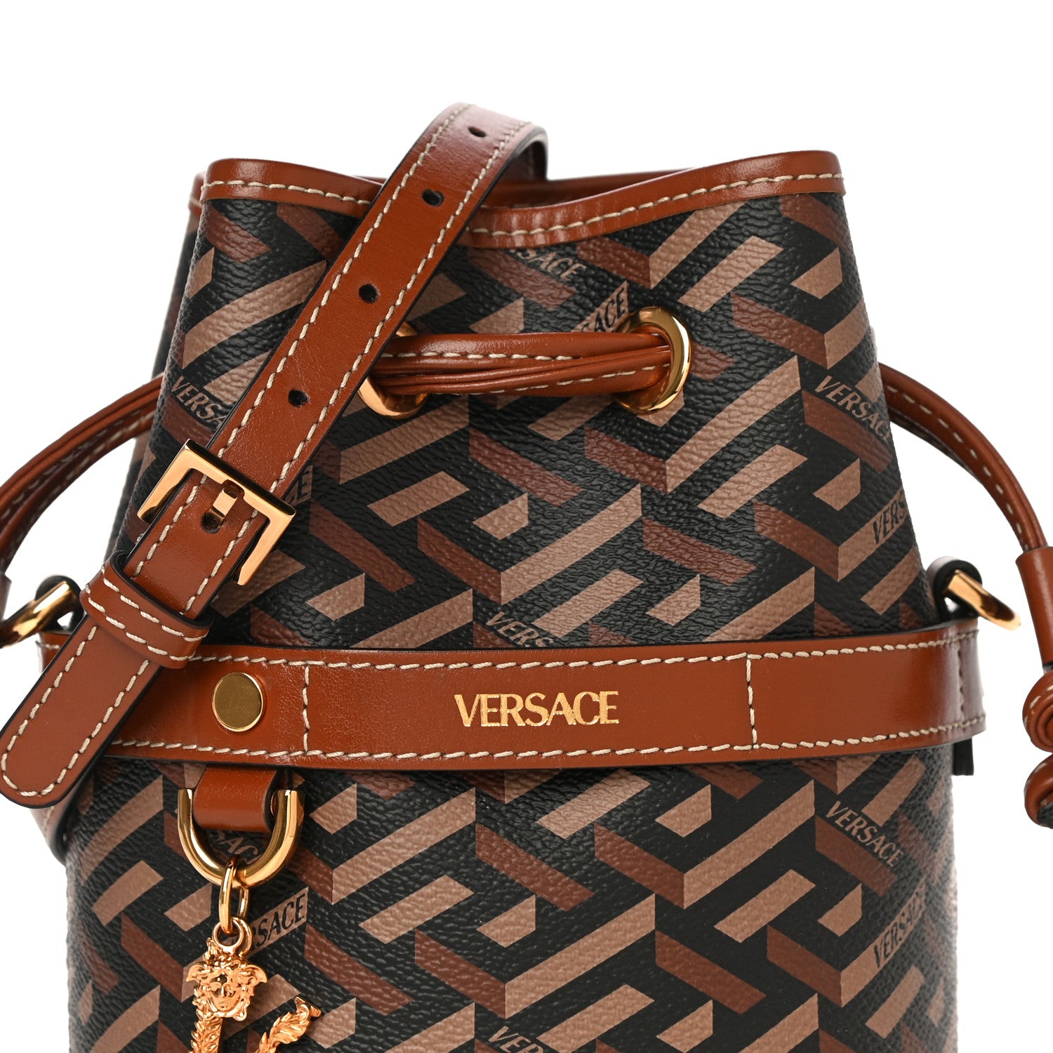 Versace Coated Canvas La Greca Mini Bucket Bag Black Caramel 8 of 11