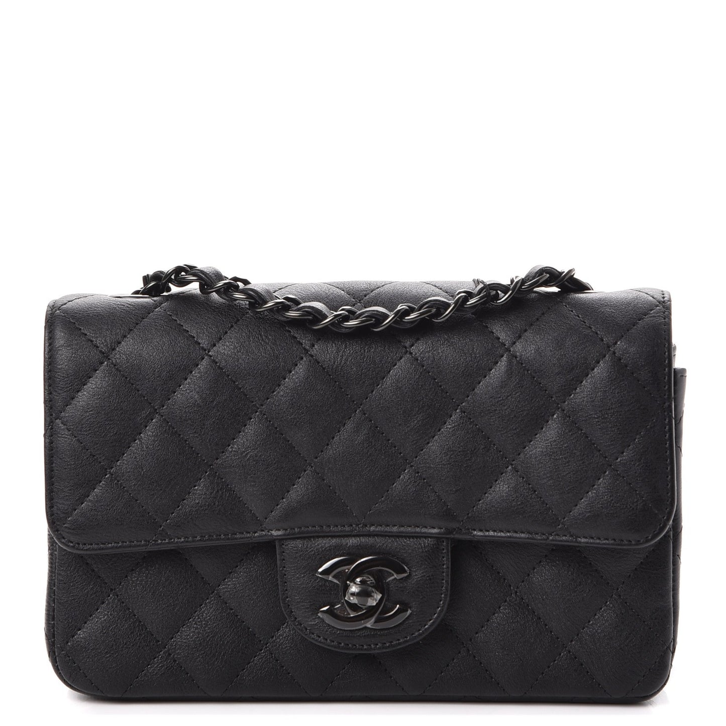 Crumpled Calfskin Quilted Mini Rectangular Flap So Black