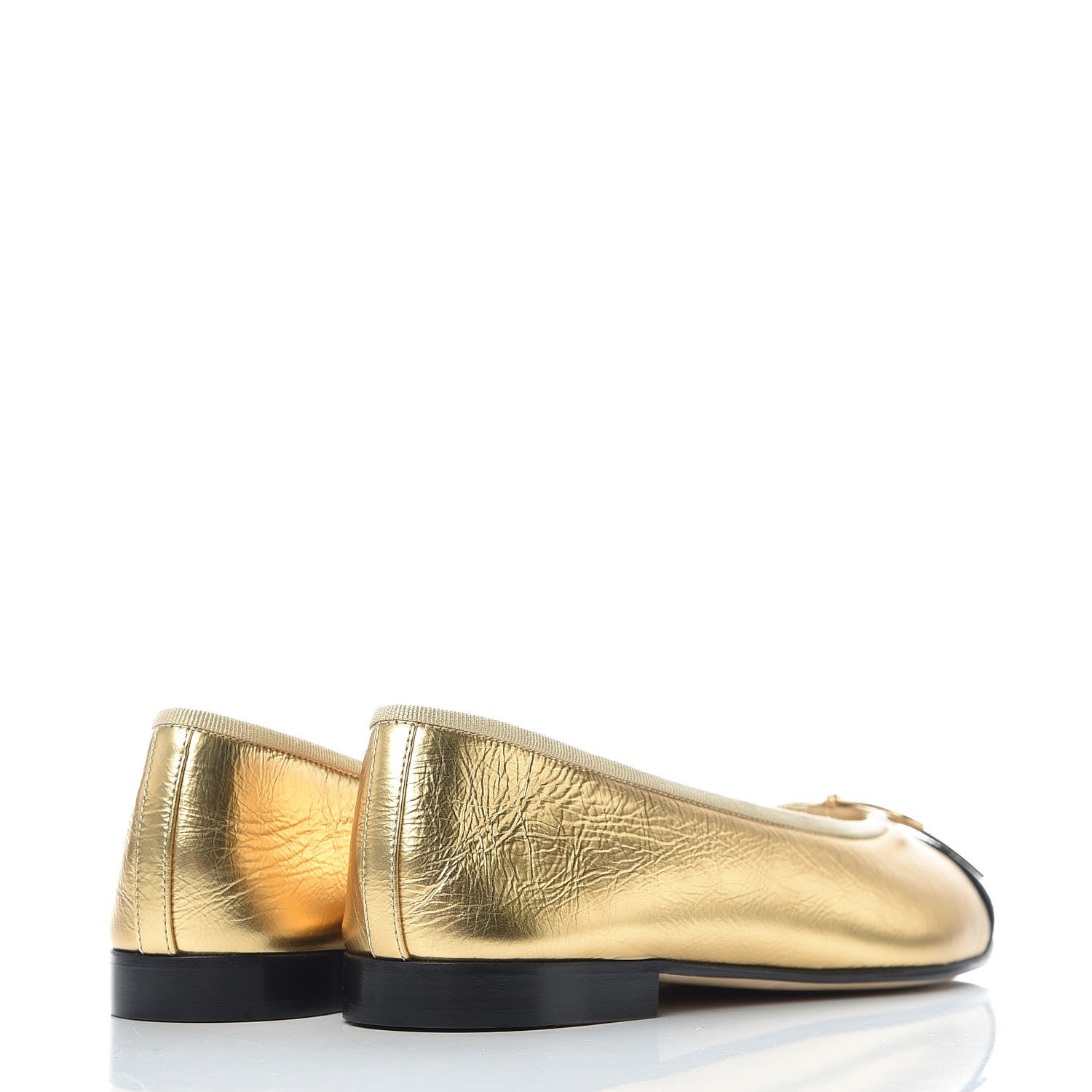Chanel Laminated Lambskin Grosgrain Cap Toe CC Ballerina Flats 37.5 Gold Black 4 of 9