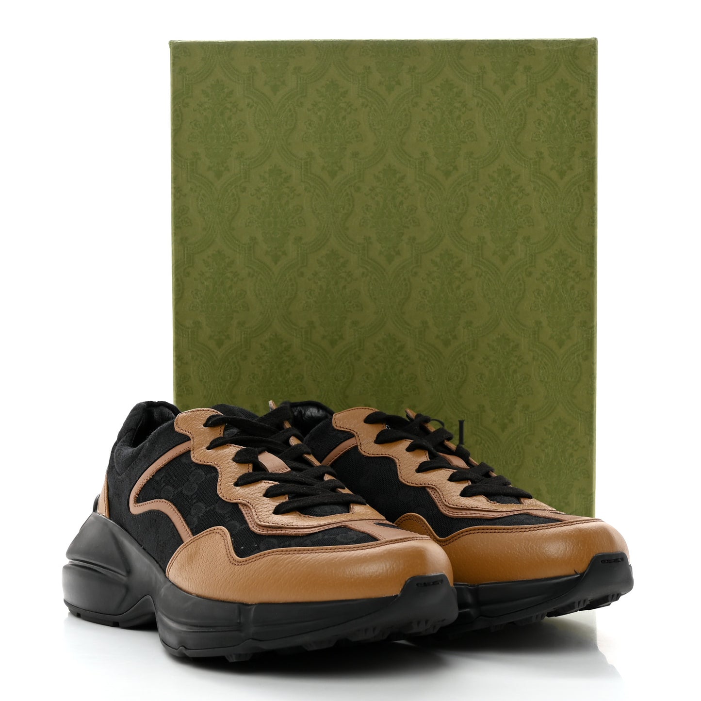 Monogram Textured Dollar Calfskin Mens Rhyton Sneakers 9 Black Khaki Beige