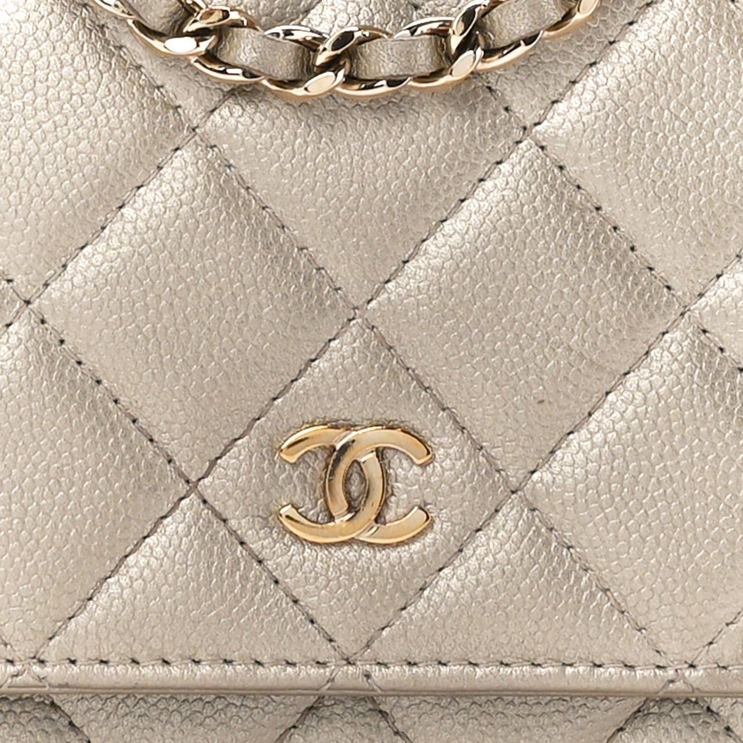 Pearly Caviar Quilted Wallet On Chain WOC Light Gold