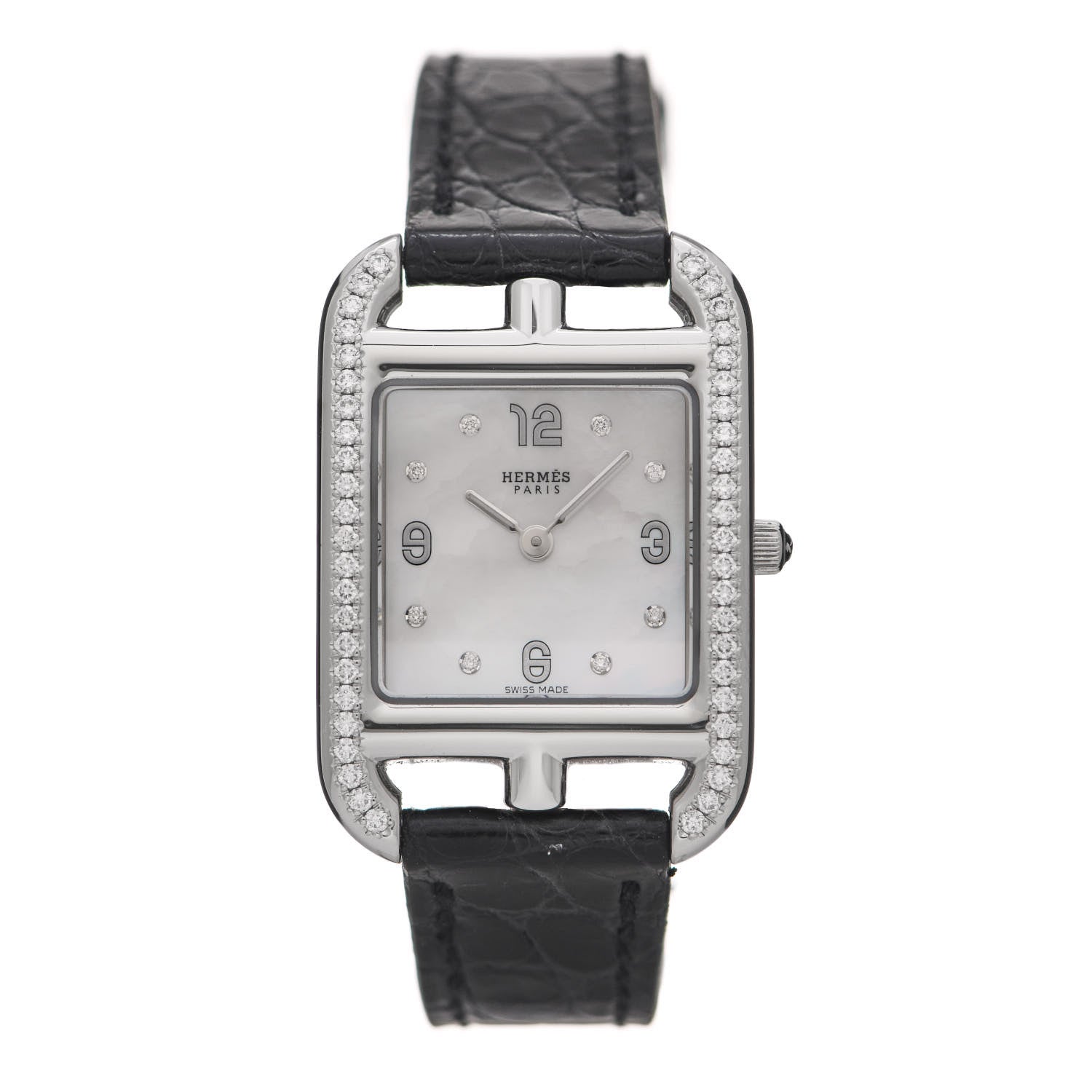 Hermes Stainless Steel Alligator Diamond Bezel Mother of Pearl 23mm Cape Cod Quartz Watch Noir 1 of 5