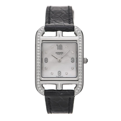 Hermes Stainless Steel Alligator Diamond Bezel Mother of Pearl 23mm Cape Cod Quartz Watch Noir 1 of 5