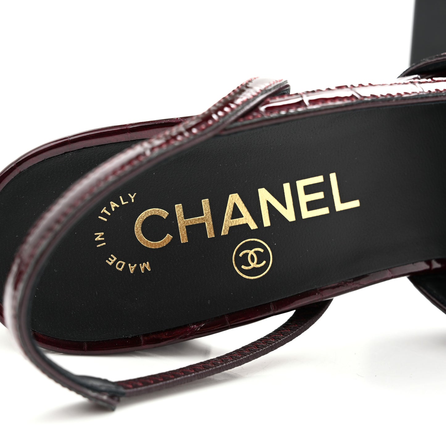 Patent Calfskin Crocodile Embossed Cap Toe CC Slingback Pumps 37.5 Dark Burgundy Black