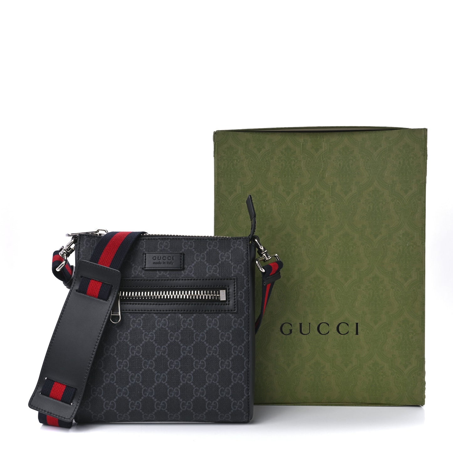 GG Supreme Monogram Web Small Flat Messenger Bag Black Grey