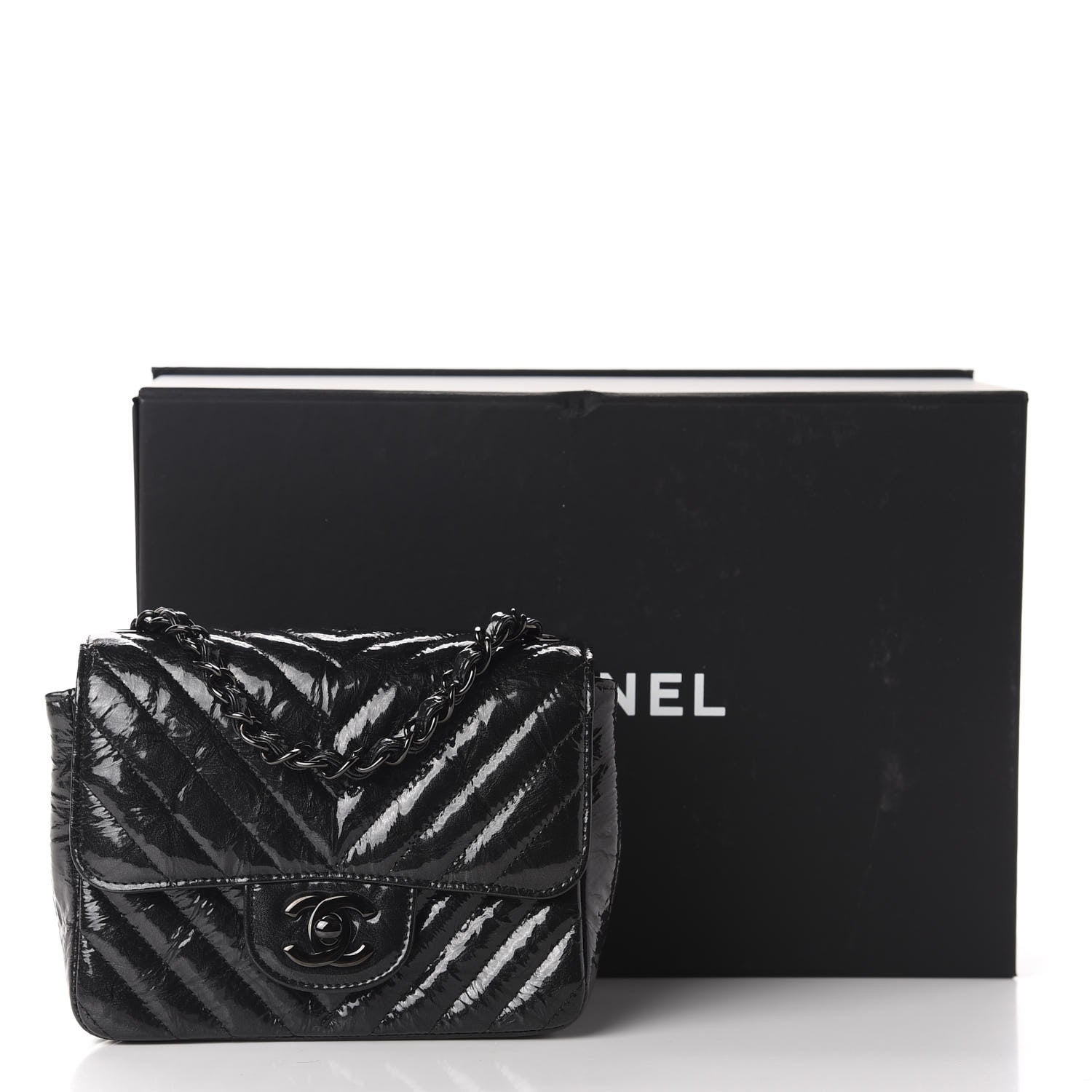 Chanel Metallic Patent Crumpled Calfskin Chevron Quilted Mini Square Flap Black 11 of 11
