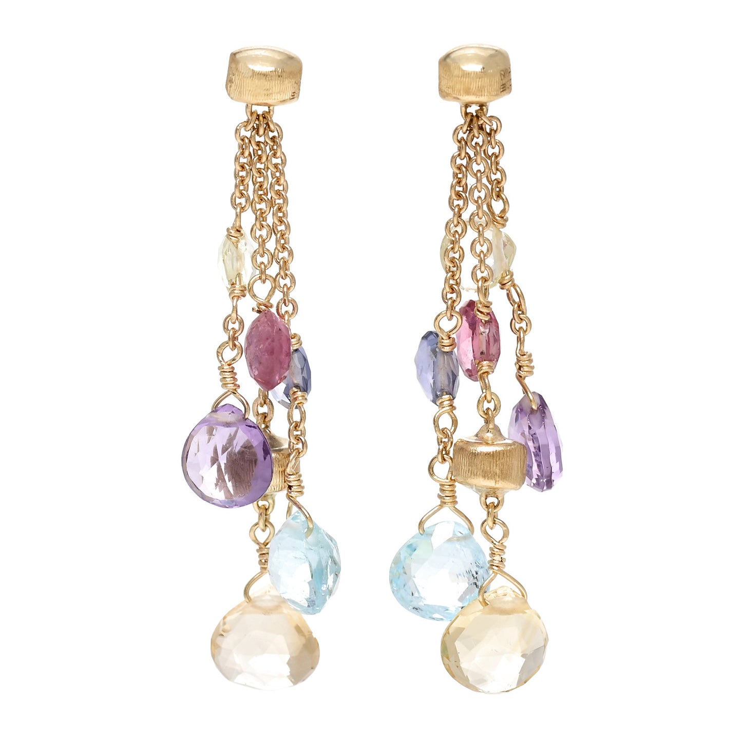 18K Yellow Gold Multi Gemstone Medium Paradise Three-Strand Drop Earrings