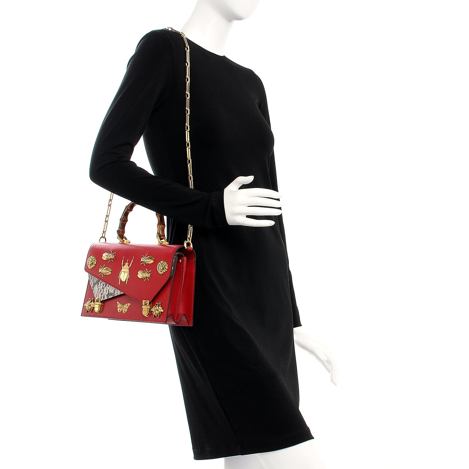 Gucci Calfskin Snakeskin Studded Small Ottilia Top Handle Bag Hibiscus Red 2 of 8