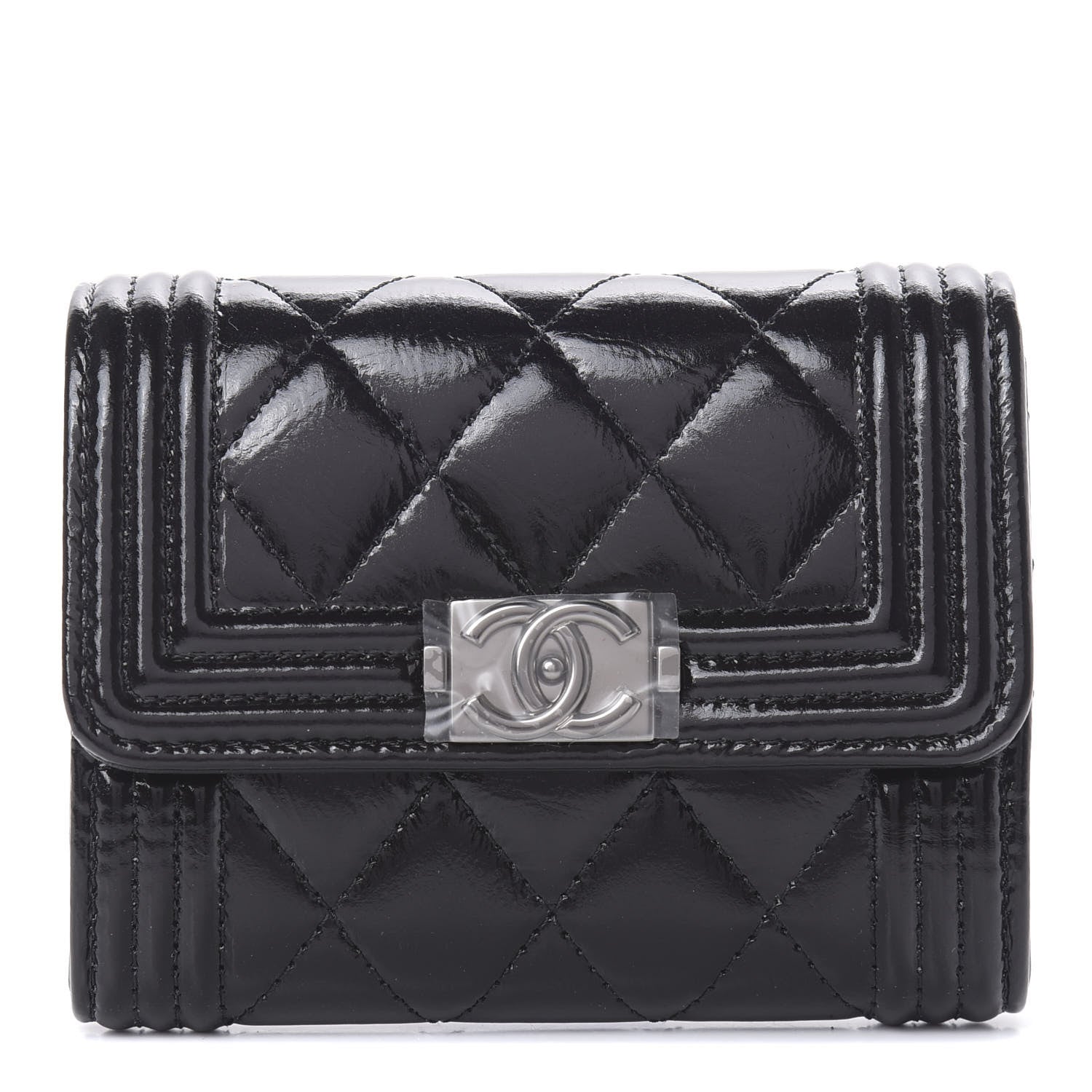 Chanel Distressed Patent Quilted Boy Flap Card Holder Wallet Black 1 of 9