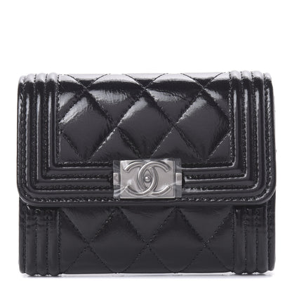 Chanel Distressed Patent Quilted Boy Flap Card Holder Wallet Black 1 of 9