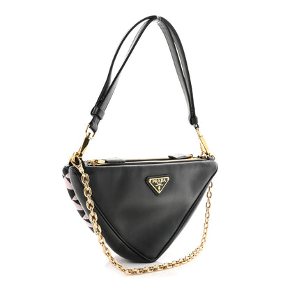 Prada Jacquard Calfskin Triangolo Symbole Embroidered Mini Triangle Double Bag Black Alabastro 3 of 10