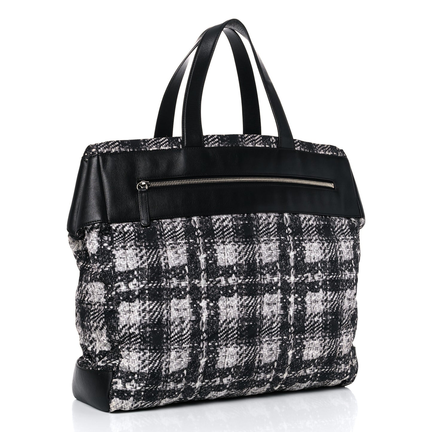 Lambskin Nylon Tweed Printed Tote Black White