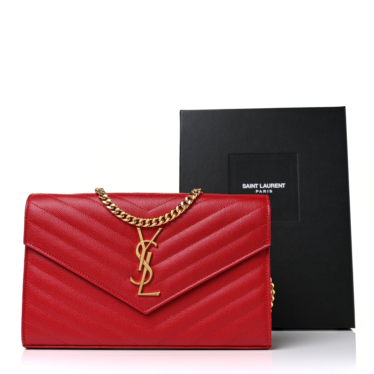 Saint Laurent Grain De Poudre Matelasse Chevron Monogram Chain Wallet Bandana Red 10 of 10