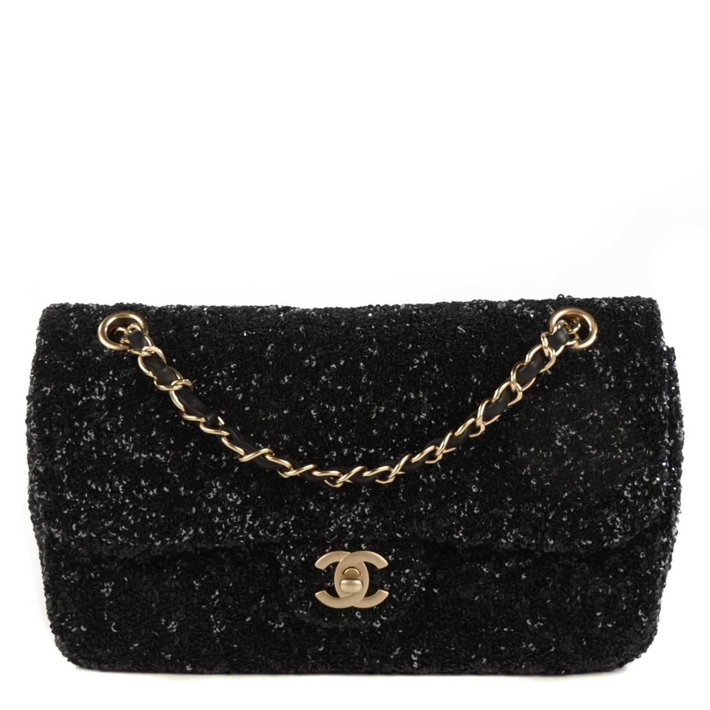 Sequin Embroidered Medium Flap Bag Black