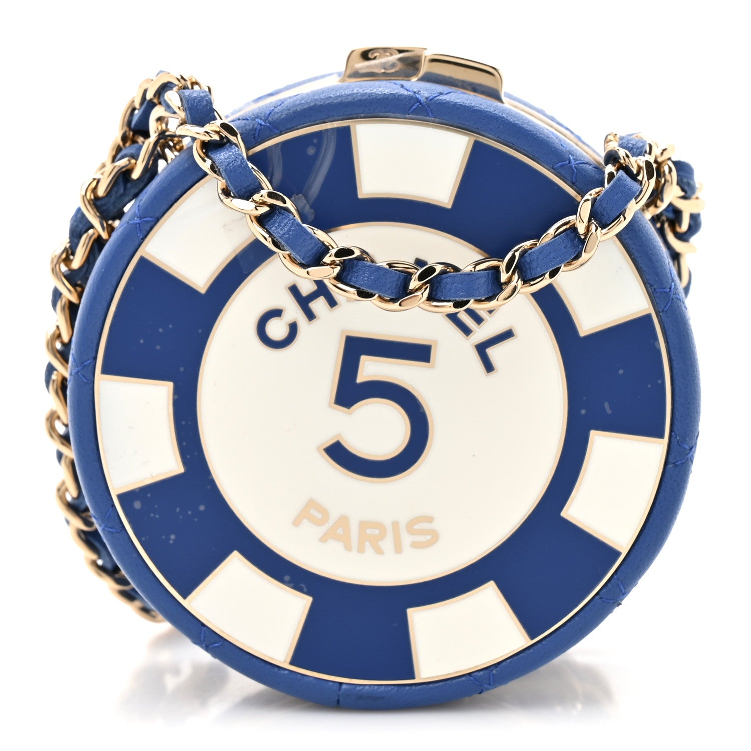 Chanel Lambskin Enamel Quilted Round Poker Chip Clutch With Chain Blue White 1 of 12