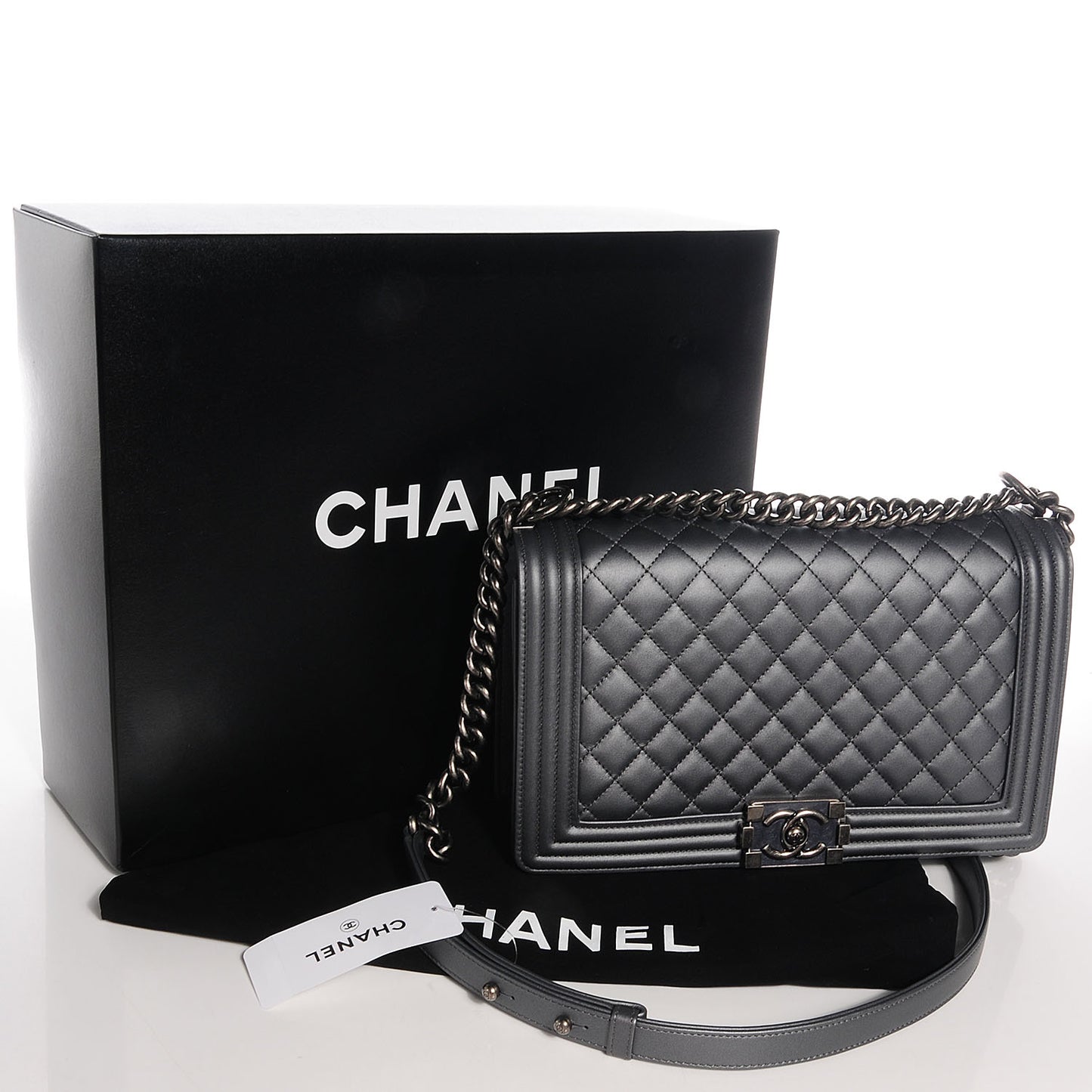 Metallic Calfskin Quilted Medium Boy Flap Dark Silver