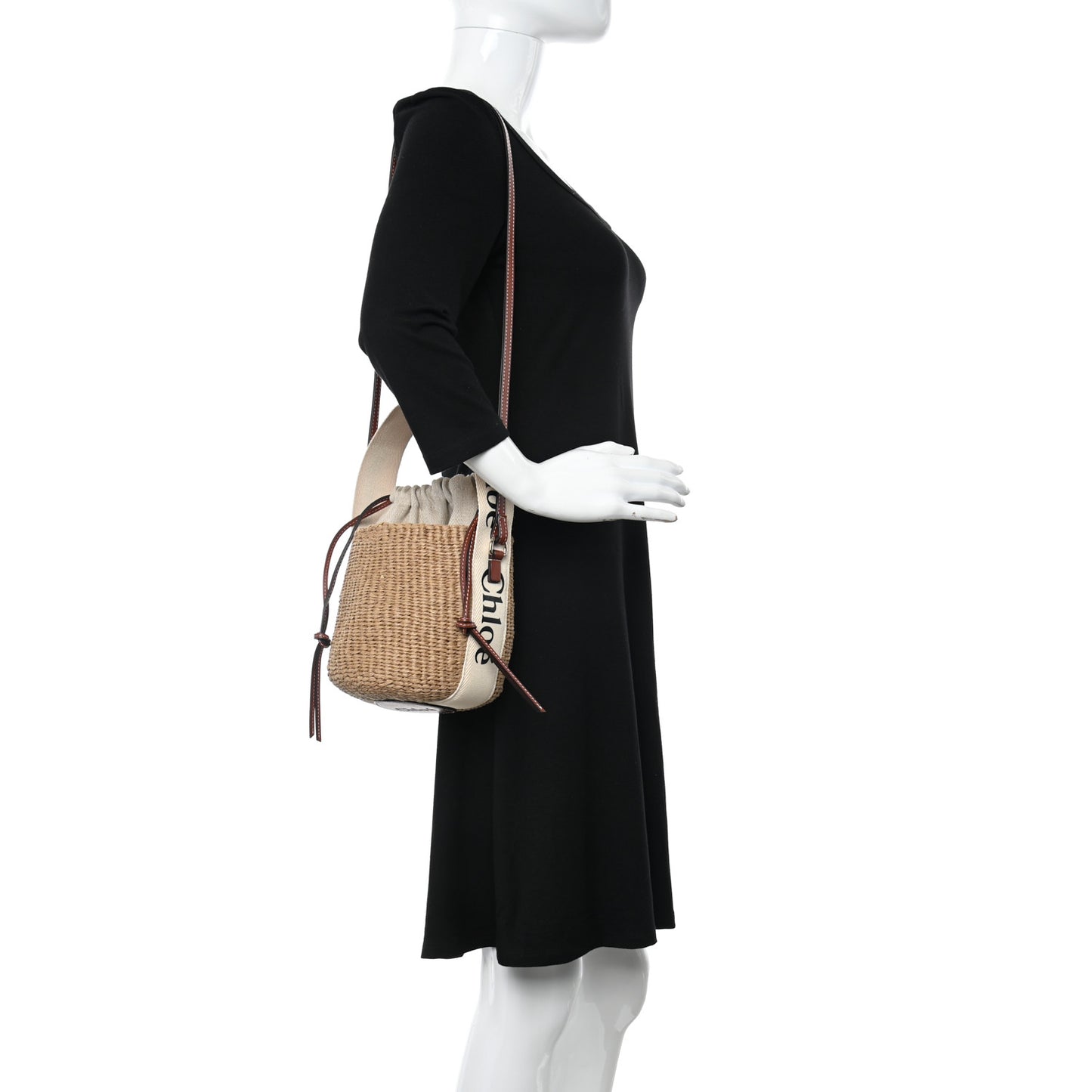 Raffia Calfskin Small Woody Basket Bag Brown