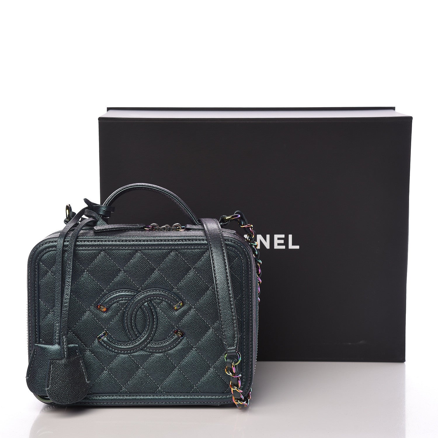 Chanel Iridescent Caviar Quilted Medium CC Filigree Vanity Case Dark Turquoise 11 of 15