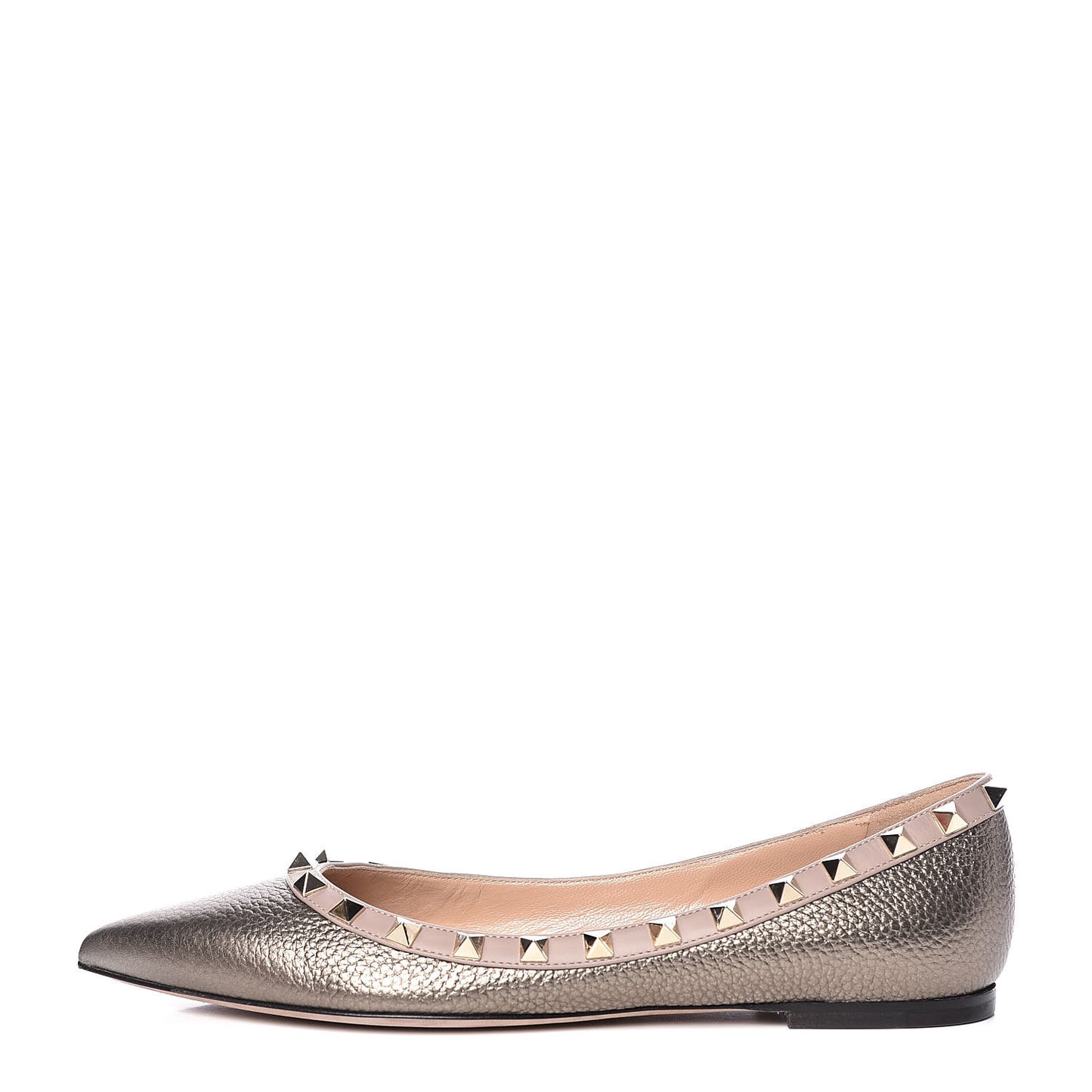 Metallic Pebbled Calfskin Rockstud Ballerina Flats 38 Sasso Poudre